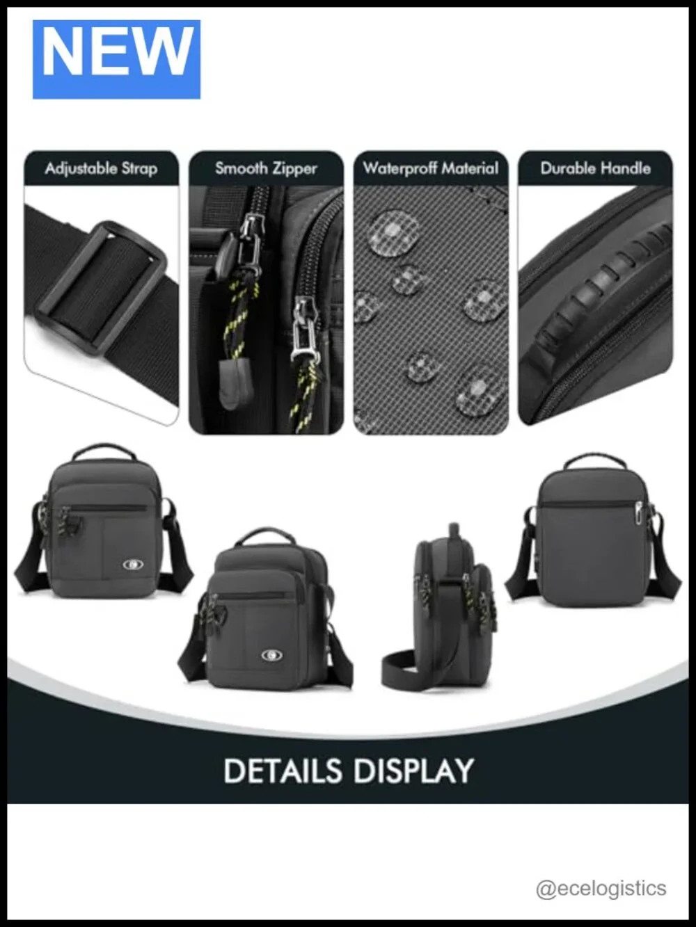 Men's Waterproof Nylon Shoulder Bag Crossbody Sling for Tablet Business Travel